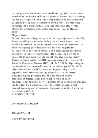 ensuring readiness at any time. Additionally, the JIN selects a
member as the leader and central point of contact for activating
the team as required. The leadership position is rotational and
governed by the rules established by the JIN. This structure
minimizes the complexity of a larger team and effectively
allows for decisions and communications. (Fearns-Banks,
2011).
Major Crisis
On notification of impending or occurring major crisis, the JIN
Leader notifies the team initiating the network into action.
Table 1 identifies the Joint Information Network personnel. A
minor or agency/jurisdiction crisis may not require the
notification of the entire network and each agency maintains
autonomy in these circumstances. However, the network is
available to call upon for additional resources as necessary.
During a major crisis, the JIN organizes using the tenets of the
Incident Command System (ICS). (FEMA 2007). Operating in
the standardized approach ensures the advantage of the all the
principles within the ICS structure. Figure 2 depicts the
organizational structure during major crisis, or disaster.
Recognizing the principle that the position of Public
Information Officer does not relate to rank or daily
organizational responsibility is paramount in organizing through
the Incident Command System. The system provides that
through training and experience, the position is filled with the
one most qualified.
LIAISON OFFICER
UNIFIED COMMAND
JIC MANAGER
SAFETY OFFICER
 