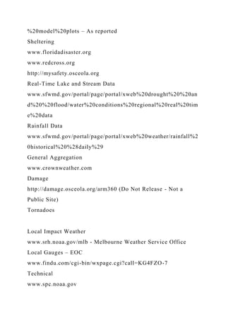 %20model%20plots – As reported
Sheltering
www.floridadisaster.org
www.redcross.org
http://mysafety.osceola.org
Real-Time Lake and Stream Data
www.sfwmd.gov/portal/page/portal/xweb%20drought%20%20an
d%20%20flood/water%20conditions%20regional%20real%20tim
e%20data
Rainfall Data
www.sfwmd.gov/portal/page/portal/xweb%20weather/rainfall%2
0historical%20%28daily%29
General Aggregation
www.crownweather.com
Damage
http://damage.osceola.org/arm360 (Do Not Release - Not a
Public Site)
Tornadoes
Local Impact Weather
www.srh.noaa.gov/mlb - Melbourne Weather Service Office
Local Gauges – EOC
www.findu.com/cgi-bin/wxpage.cgi?call=KG4FZO-7
Technical
www.spc.noaa.gov
 