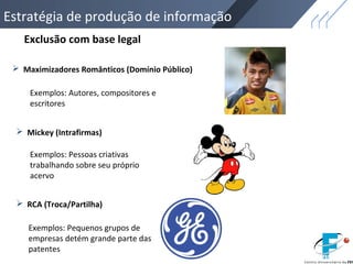 Estratégia de produção de informação
 Maximizadores Românticos (Domínio Público)
 Mickey (Intrafirmas)
 RCA (Troca/Partilha)
Exclusão com base legal
Exemplos: Autores, compositores e
escritores
Exemplos: Pessoas criativas
trabalhando sobre seu próprio
acervo
Exemplos: Pequenos grupos de
empresas detém grande parte das
patentes
 