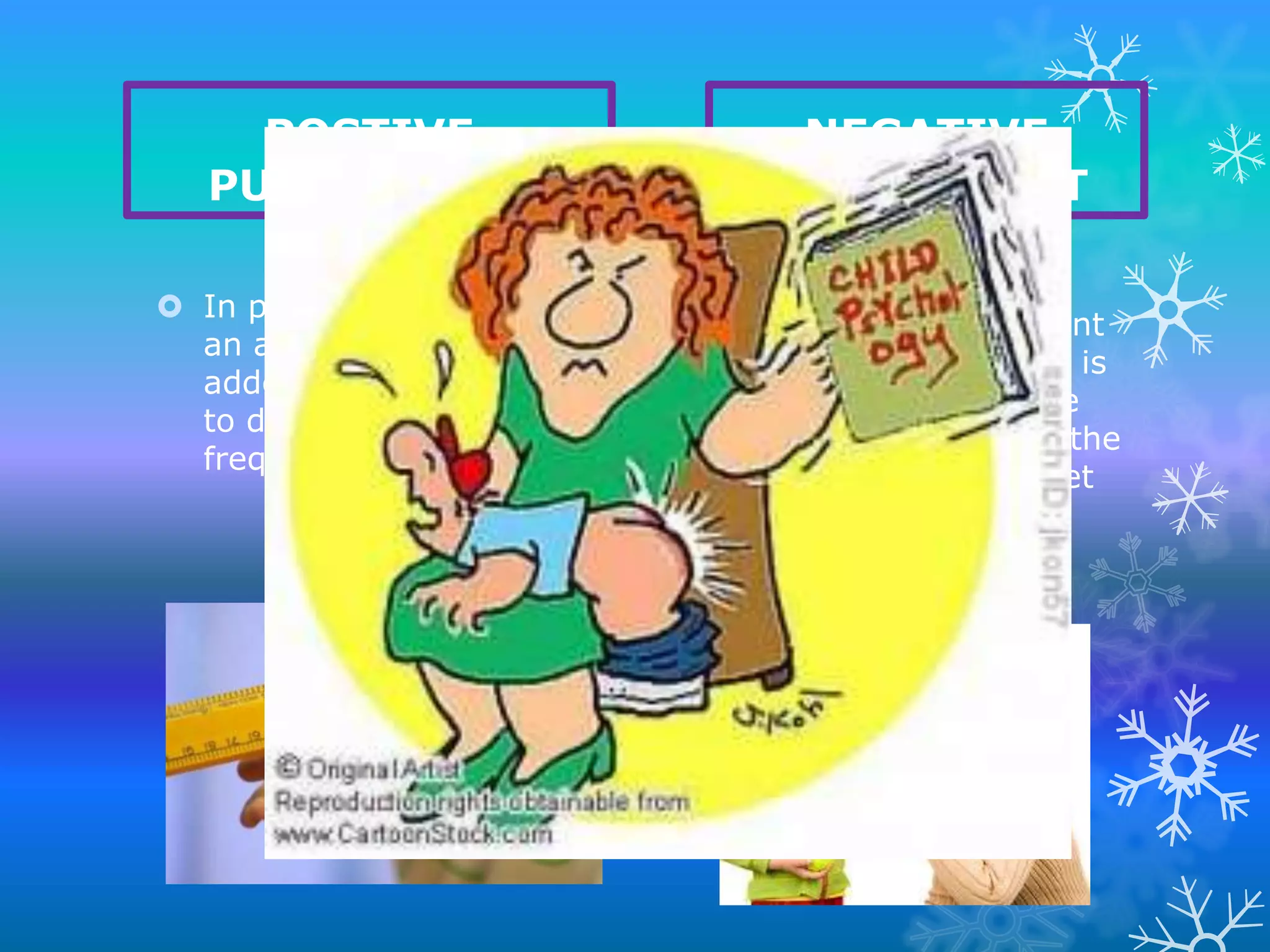 POSTIVE
PUNISHMENT
 In positive punishment
an aversive stimulus is
added after the behavior
to decrease the
frequency of behavior

NEGATIVE
PUNISHMENT
 In negative punishment
a reinforcing stimulus is
removed following the
behavior to decrease the
frequency of the target
behavior.

 