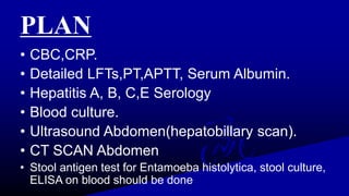 PLAN
• CBC,CRP.
• Detailed LFTs,PT,APTT, Serum Albumin.
• Hepatitis A, B, C,E Serology
• Blood culture.
• Ultrasound Abdomen(hepatobillary scan).
• CT SCAN Abdomen
• Stool antigen test for Entamoeba histolytica, stool culture,
ELISA on blood should be done
 