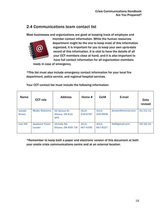 Crisis Communications Handbook
                                                                            Are You Prepared?


         2.4 Communications team contact list
         Most businesses and organizations are good at keeping track of employee and
                           member contact information. While the human resources
                           department might be the one to keep most of this information
                            organized, it is important for you to keep your own up-to-date
                            record of this information. It is vital to have the details of all
                            your CCT members close at hand, and it is also important to
                            have full contact information for all organization members
             ready in case of emergency.

         *This list must also include emergency contact information for your local fire
         department, police service, and regional hospital services.

         Your CCT contact list must include the following information:


 Name                              Address          Home #       Cell#          E-mail
               CCT role                                                                            Date
                                                                                                  revised

Joseph       Media Relations   52 Spruce Dr.        (613)      (613)      jbrown@hotmail.com     01/01/11
Brown                          Ottawa, ON K1S       234-5787   234-9908
                               5P9

Lisa Hill    Assistant Team    19 Falls Rd.         (613)      (613)      lhill@gmail.com        05/06/01
             Leader            Ottawa, ON K5N 7J6   667-4356   667-8327



         *Remember to keep both a paper and electronic version of this document at both
         your onsite crisis communications centre and at an external location.




                                                                                            18 
 