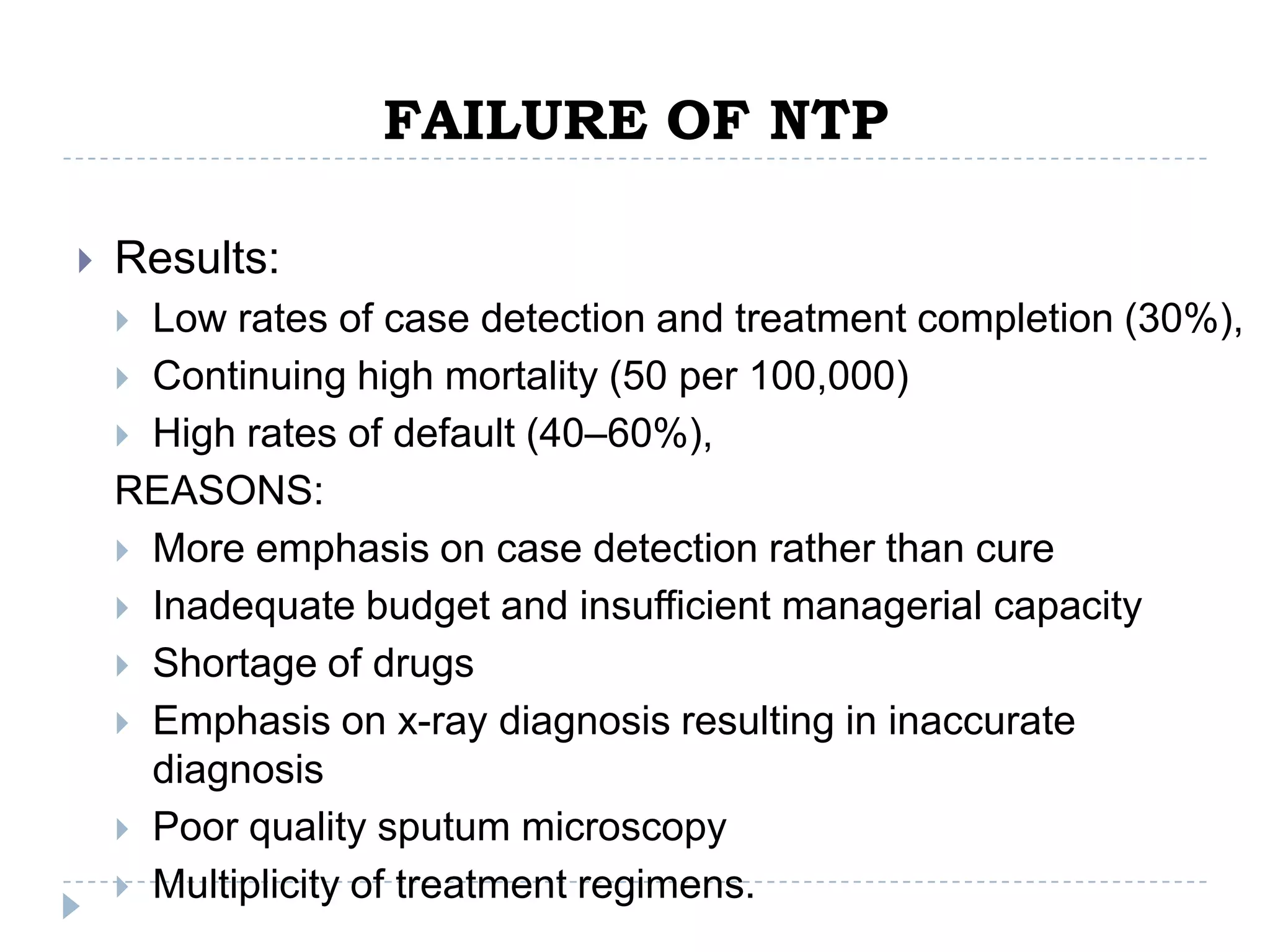 FAILURE OF NTP


Results:
Low rates of case detection and treatment completion (30%),
 Continuing high mortality (50 per 100,000)
 High rates of default (40–60%),
REASONS:
 More emphasis on case detection rather than cure
 Inadequate budget and insufficient managerial capacity
 Shortage of drugs
 Emphasis on x-ray diagnosis resulting in inaccurate
diagnosis
 Poor quality sputum microscopy
 Multiplicity of treatment regimens.


 
