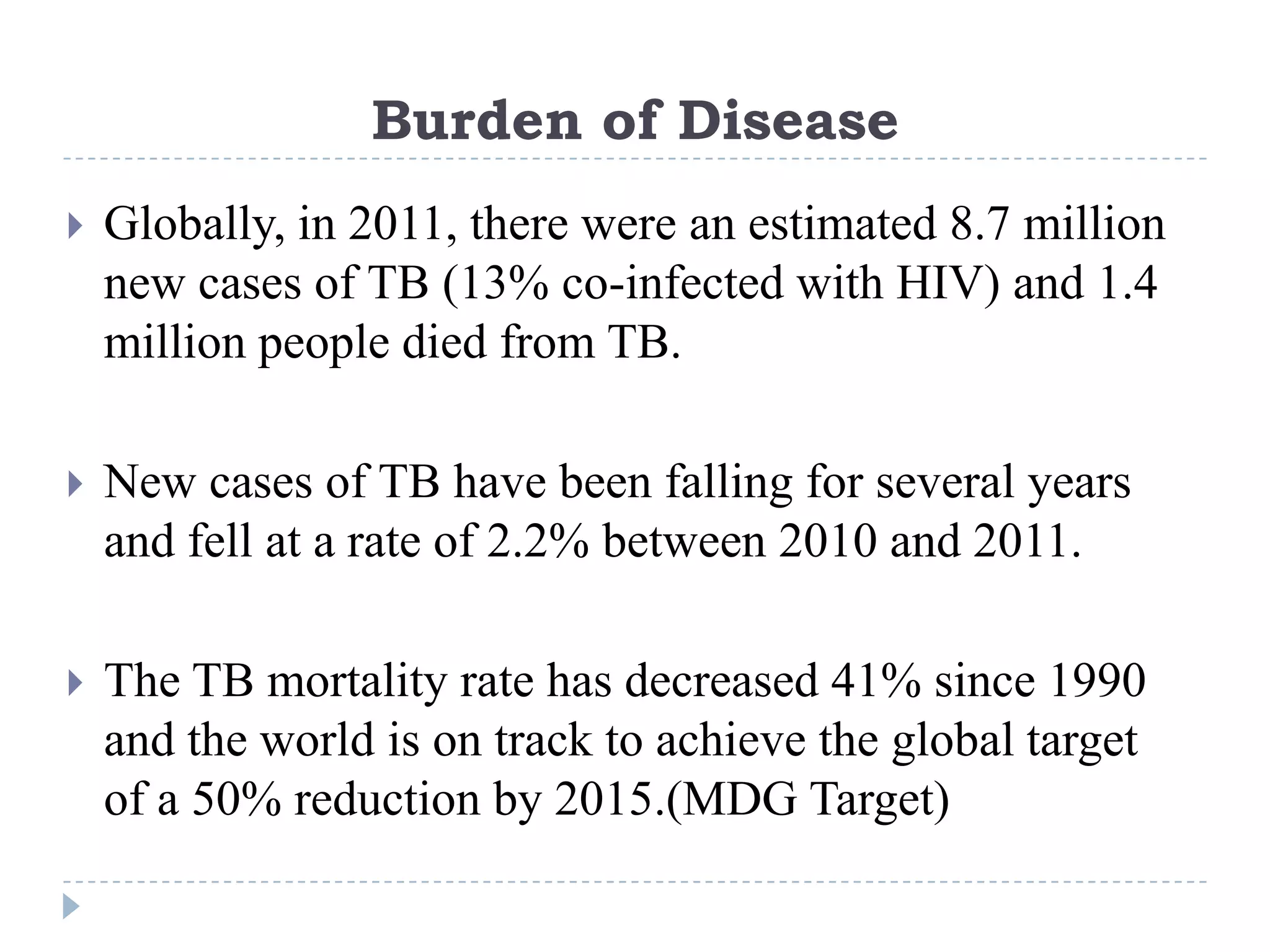 Burden of Disease


Globally, in 2011, there were an estimated 8.7 million
new cases of TB (13% co-infected with HIV) and 1.4
million people died from TB.



New cases of TB have been falling for several years
and fell at a rate of 2.2% between 2010 and 2011.



The TB mortality rate has decreased 41% since 1990
and the world is on track to achieve the global target
of a 50% reduction by 2015.(MDG Target)

 