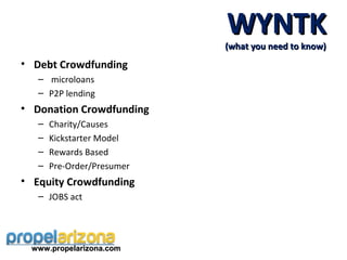 WYNTK
                            (what you need to know)
• Debt Crowdfunding
   – microloans
   – P2P lending
• Donation Crowdfunding
   –   Charity/Causes
   –   Kickstarter Model
   –   Rewards Based
   –   Pre-Order/Presumer
• Equity Crowdfunding
   – JOBS act




 www.propelarizona.com
 