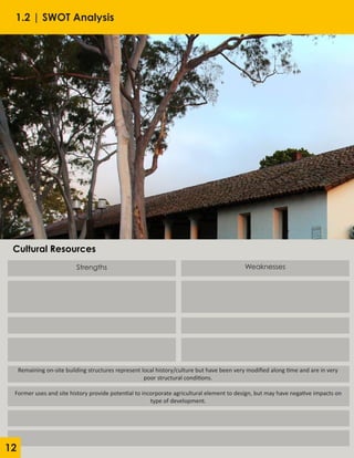 Strengths Weaknesses
Remaining on-site building structures represent local history/culture but have been very modified along time and are in very
poor structural conditions.
Former uses and site history provide potential to incorporate agricultural element to design, but may have negative impacts on
type of development.
Cultural Resources
1.2 | SWOT Analysis
12
 