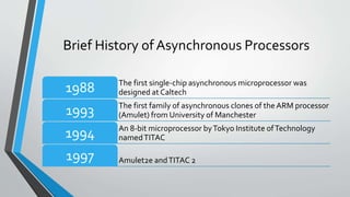 Brief History of Asynchronous Processors
The first single-chip asynchronous microprocessor was
designed at Caltech1988
The first family of asynchronous clones of the ARM processor
(Amulet) from University of Manchester1993
An 8-bit microprocessor byTokyo Institute ofTechnology
namedTITAC1994
Amulet2e andTITAC 21997
 