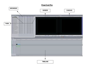 Final Cut Pro
       BROWSER
                  VIEWER         CANVAS




TABS




                 TIMELINE
 