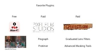 Favorite Plugins:
Free Paid Paid
Prograph
Protimer
Graduated Lens Filters
Advanced Masking Tools
 