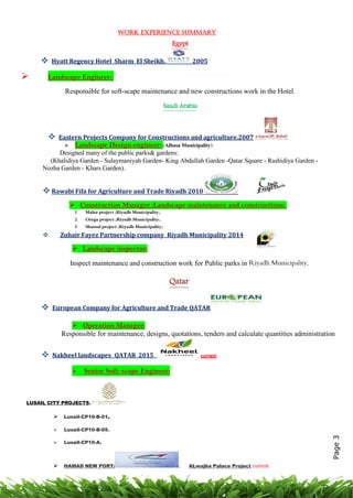 Work experience summary
Egypt
 Hyatt Regency Hotel Sharm El Sheikh. 2005
 Landscape Engineer:
Responsible for soft-scape maintenance and new constructions work in the Hotel.
Saudi Arabia
 Eastern Projects Company for Constructions and agriculture.2007
 Landscape Design engineer: (Alhasa Municipality)
Designed many of the public parks& gardens:
(Khalidiya Garden - Sulaymaniyah Garden- King Abdullah Garden -Qatar Square - Rashidiya Garden -
Nozha Garden - Khars Garden).
 Rawabi Fifa for Agriculture and Trade Riyadh 2010
 Construction Manager :Landscape maintenance and constructions:
1. Malaz project (Riyadh Municipality).
2. Orega project (Riyadh Municipality).
3. Shamal project (Riyadh Municipality).
 Zuhair Fayez Partnership company Riyadh Municipality 2014
 Landscape inspector:
Inspect maintenance and construction work for Public parks in Riyadh Municipality.
Qatar
 European Company for Agriculture and Trade QATAR
 Operation Manager:
Responsible for maintenance, designs, quotations, tenders and calculate quantities administration
 Nakheel landscapes QATAR 2015 current
 Senior Soft-scape Engineer:
LUSAIL CITY PROJECTS.
 Lusail-CP10-B-01.
 Lusail-CP10-B-05.
 Lusail-CP10-A.
 HAMAD NEW PORT: . ALwajba Palace Project current
Page3
 
