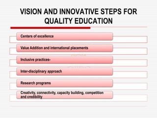Centers of excellence
Value Addition and international placements
Inclusive practices-
Inter-disciplinary approach
Research programs
Creativity, connectivity, capacity building, competition
and credibility
VISION AND INNOVATIVE STEPS FOR
QUALITY EDUCATION
 