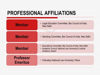 PROFESSIONAL AFFILIATIONS
• Legal Education Committee, Bar Council of India,
New DelhiMember
• Standing Committee, Bar Council of India, New DelhiMember
• Equivalence Committee, Bar Council of India, New Delhi
• Academic Council, National Law University & Judicial
Academy, Assam
Member
• Chanakya National Law University, Patna
Professor
Emeritus
 