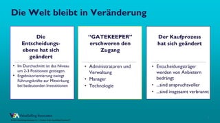 © ValueSelling Associates, Inc. | Creator of the ValueSelling Framework®
© 2021 ValueSelling Associates, Inc. | Creator of the ValueSelling Framework®
Die Welt bleibt in Veränderung
7
Die
Entscheidungs-
ebene hat sich
geändert
• Im Durchschnitt ist das Niveau
um 2-3 Positionen gestiegen.
• Ergebnisorientierung zwingt
Führungskräfte zur Mitwirkung
bei bedeutenden Investitionen
“GATEKEEPER”
erschweren den
Zugang
• Administratoren und
Verwaltung
• Manager
• Technologie
Der Kaufprozess
hat sich geändert
• Entscheidungsträger
werden von Anbietern
bedrängt
• ...sind anspruchsvoller
• ...sind insgesamt verbrannt
 