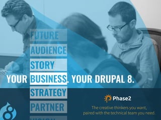 The creative thinkers you want,
paired with the technical team you need.
PARTNER
YOUR BUSINESS. YOUR DRUPAL 8.
STORY
AUDIENCE
FUTURE
STRATEGY
BUSINESS
 