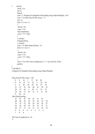 28
{ clrscr();
clock_t e,s;
int n,i;
heap h;
cout<<"..Program For HeapSort Descending using Adjust/Heapify..nn";
cout<<"n Enter Size Of The Array :->";
cin>>n;
for(i=1;i<=n;i++)
{
if(i%8==0)
cout<<"n";
b[i]=random(n);
cout<<"t"<<b[i];
}
s=clock();
h.heapsort(b,n);
e=clock();
cout<<"n After Heap Sorting : n";
for(i=1;i<=n;i++)
{
if(i%8==0)
cout<<"n";
cout<<"t"<<b[i];
}
cout<<"nn The Time Complexity Is :="<<((e-s)/CLK_TCK);
getch();
}
/* OUTPUT :-
..Program For HeapSort Descending using Adjust/Heapify..
Enter Size Of The Array :->50
0 0 16 1 17 10 26
9 35 47 13 22 5 34 28
2 8 40 34 38 41 47 10
21 47 41 46 40 22 30 33
29 27 36 5 20 6 33 23
24 28 17 43 13 8 21 34
8 26 32
After Heap Sorting :
47 47 47 46 43 41 41
40 40 38 36 35 34 34 34
33 33 32 30 29 28 28 27
26 26 24 23 22 22 21 21
20 17 17 16 13 13 10 10
9 8 8 8 6 5 5 2
1 0 0
The Time Complexity Is :=0
*/
 