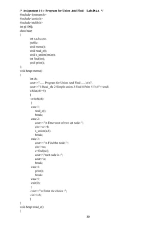 30
/* Assignment 14 :- Program for Union And Find Lab:DAA */
#include<iostream.h>
#include<conio.h>
#include<stdlib.h>
int p[100];
class heap
{
int n,a,b,c,no;
public:
void menu();
void read_e();
void s_union(int,int);
int find(int);
void print();
};
void heap::menu()
{
int ch;
cout<<"...... Program for Union And Find ......nn";
cout<<"1:Read_ele 2:Simple union 3:Find 4:Print 5:Exit"<<endl;
while(ch!=5)
{
switch(ch)
{
case 1:
read_e();
break;
case 2:
cout<<"n Enter root of two set node: ";
cin>>a>>b;
s_union(a,b);
break;
case 3:
cout<<"n Find the node :";
cin>>no;
c=find(no);
cout<<"root node is :";
cout<<c;
break;
case 4:
print();
break;
case 5:
exit(0);
}
cout<<"n Enter the choice :";
cin>>ch;
}
}
void heap::read_e()
{
 