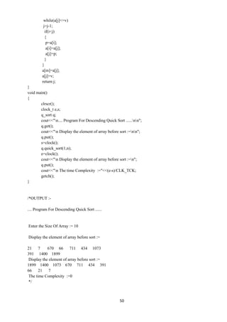 50
while(a[j]<=v)
j=j-1;
if(i<j)
{
p=a[i];
a[i]=a[j];
a[j]=p;
}
}
a[m]=a[j];
a[j]=v;
return j;
}
void main()
{
clrscr();
clock_t e,s;
q_sort q;
cout<<"n.... Program For Descending Quick Sort ......nn";
q.get();
cout<<"n Display the element of array before sort :=nn";
q.put();
s=clock();
q.quick_sort(1,n);
e=clock();
cout<<"n Display the element of array before sort :=n";
q.put();
cout<<"n The time Complexity :="<<(e-s)/CLK_TCK;
getch();
}
/*OUTPUT :-
.... Program For Descending Quick Sort ......
Enter the Size Of Array := 10
Display the element of array before sort :=
21 7 670 66 711 434 1073
391 1400 1899
Display the element of array before sort :=
1899 1400 1073 670 711 434 391
66 21 7
The time Complexity :=0
*/
 