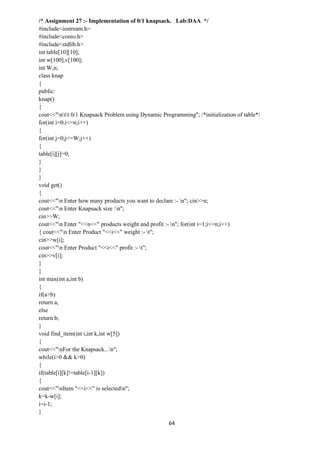 64
/* Assignment 27 :- Implementation of 0/1 knapsack. Lab:DAA */
#include<iostream.h>
#include<conio.h>
#include<stdlib.h>
int table[10][10];
int w[100],v[100];
int W,n;
class knap
{
public:
knap()
{
cout<<"ntt 0/1 Knapsack Problem using Dynamic Programming"; /*initialization of table*/
for(int i=0;i<=n;i++)
{
for(int j=0;j<=W;j++)
{
table[i][j]=0;
}
}
}
void get()
{
cout<<"n Enter how many products you want to declare :- n"; cin>>n;
cout<<"n Enter Knapsack size :n";
cin>>W;
cout<<"n Enter "<<n<<" products weight and profit :- n"; for(int i=1;i<=n;i++)
{ cout<<"n Enter Product "<<i<<" weight :- t";
cin>>w[i];
cout<<"n Enter Product "<<i<<" profit :- t";
cin>>v[i];
}
}
int max(int a,int b)
{
if(a>b)
return a;
else
return b;
}
void find_item(int i,int k,int w[5])
{
cout<<"nFor the Knapsack...n";
while(i>0 && k>0)
{
if(table[i][k]!=table[i-1][k])
{
cout<<"nItem "<<i<<" is selectedn";
k=k-w[i];
i=i-1;
}
 