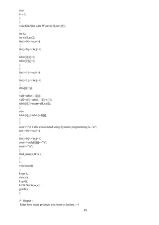 65
else
i=i-1;
}
}
void DKP(int n,int W,int w[5],int v[5])
{
int i,j;
int val1,val2;
for(i=0;i<=n;i++)
{
for(j=0;j<=W;j++)
{
table[i][0]=0;
table[0][j]=0;
}
}
for(i=1;i<=n;i++)
{
for(j=1;j<=W;j++)
{
if(w[i]<=j)
{
val1=table[i-1][j];
val2=v[i]+table[i-1][j-w[i]];
table[i][j]=max(val1,val2);
}
else
table[i][j]=table[i-1][j];
}
}
cout<<"n Table constructed using dynamic programming is...n";
for(i=0;i<=n;i++)
{
for(j=0;j<=W;j++)
cout<<table[i][j]<<"t";
cout<<"n";
}
find_item(n,W,w);
}
};
void main()
{
knap k;
clrscr();
k.get();
k.DKP(n,W,w,v);
getch();
}
/* Output :-
Enter how many products you want to declare :- 4
 