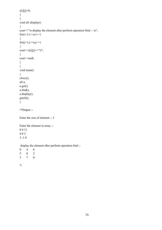 73
s[i][j]=0;
}
}
void all::display()
{
cout<<"n display the element after perform operation find :- n";
for(i=1;i<=n;i++)
{
for(j=1;j<=n;j++)
{
cout<<s[i][j]<<"t";
}
cout<<endl;
}
}
void main()
{
clrscr();
all a;
a.get();
a.find();
a.display();
getch();
}
/*Output :-
Enter the size of element :- 3
Enter the element in array :-
0 4 11
6 0 2
3 -1 0
display the element after perform operation find :-
0 4 6
5 0 2
3 7 0
*/
 