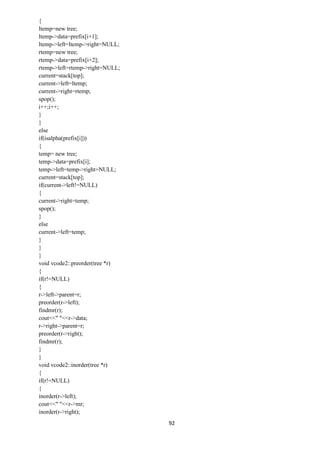 92
{
ltemp=new tree;
ltemp->data=prefix[i+1];
ltemp->left=ltemp->right=NULL;
rtemp=new tree;
rtemp->data=prefix[i+2];
rtemp->left=rtemp->right=NULL;
current=stack[top];
current->left=ltemp;
current->right=rtemp;
spop();
i++;i++;
}
}
else
if(isalpha(prefix[i]))
{
temp= new tree;
temp->data=prefix[i];
temp->left=temp->right=NULL;
current=stack[top];
if(current->left!=NULL)
{
current->right=temp;
spop();
}
else
current->left=temp;
}
}
}
void vcode2::preorder(tree *r)
{
if(r!=NULL)
{
r->left->parent=r;
preorder(r->left);
findmr(r);
cout<<" "<<r->data;
r->right->parent=r;
preorder(r->right);
findmr(r);
}
}
void vcode2::inorder(tree *r)
{
if(r!=NULL)
{
inorder(r->left);
cout<<" "<<r->mr;
inorder(r->right);
 