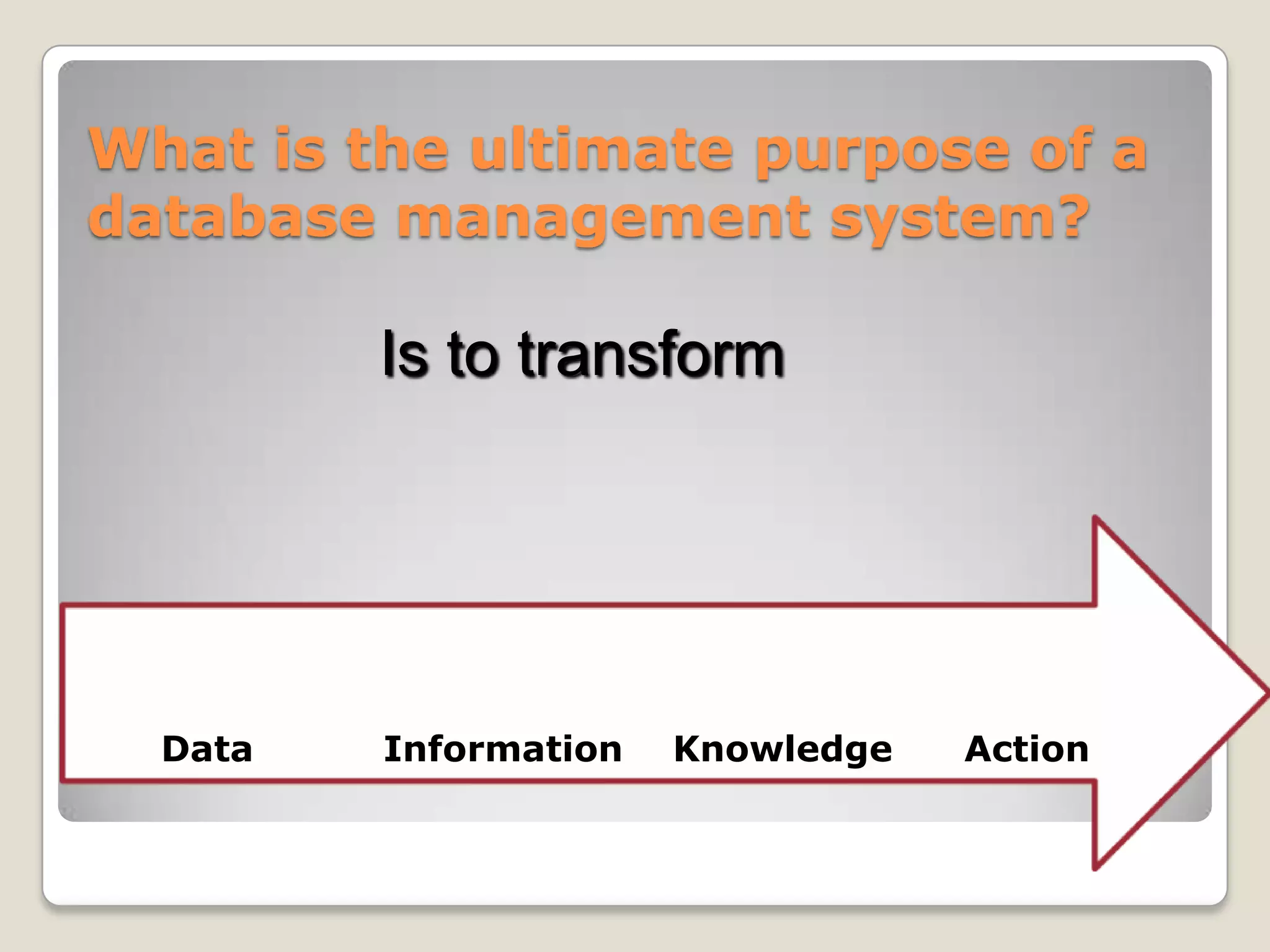 What is the ultimate purpose of a
database management system?

         Is to transform




  Data   Information   Knowledge   Action
 