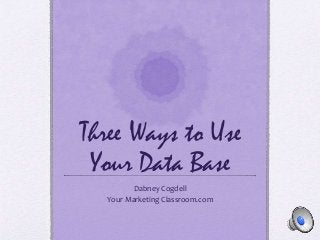 Three Ways to Use 
Your Data Base 
Dabney Cogdell 
Your Marketing Classroom.com 
 