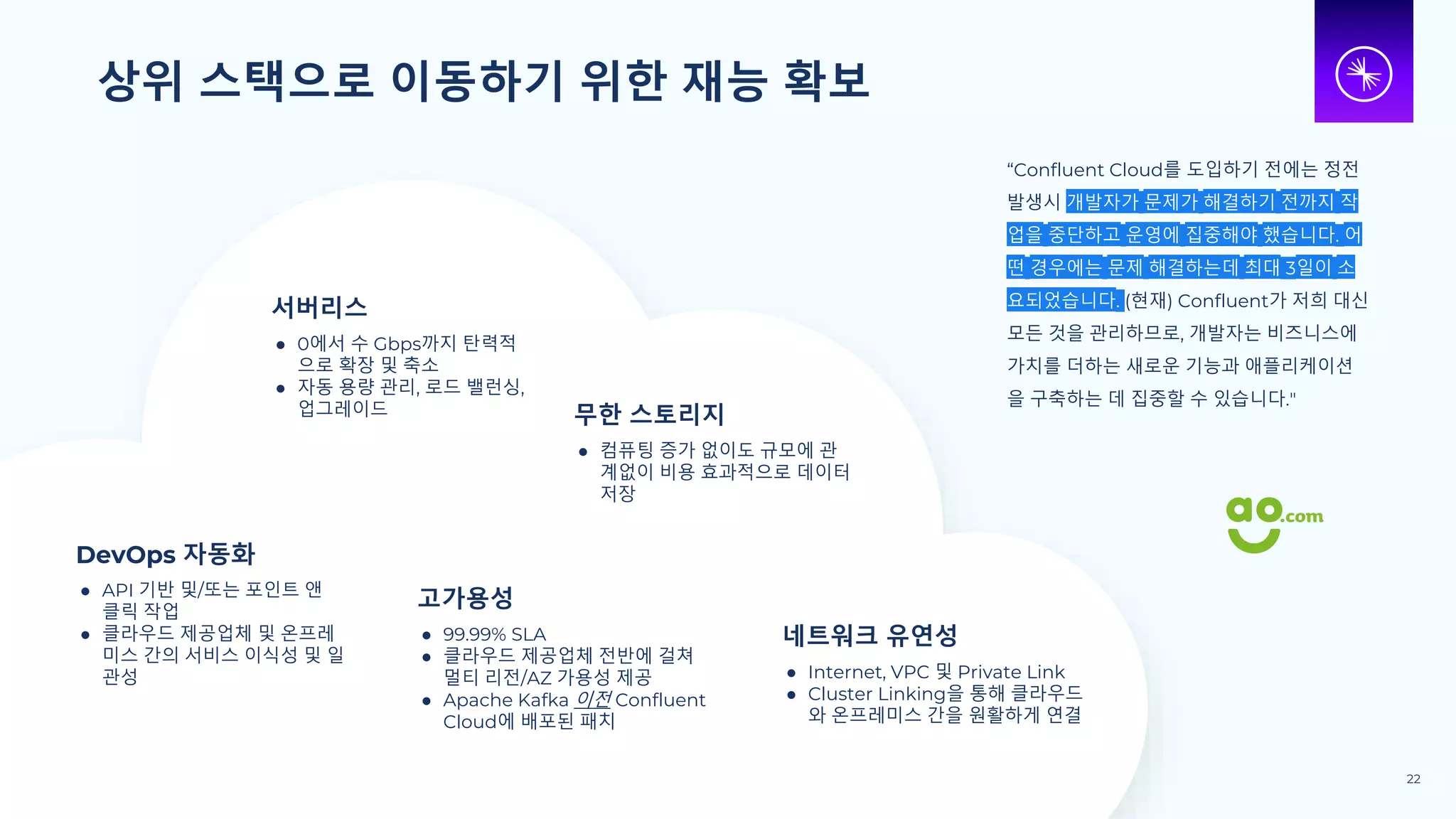 상위 스택으로 이동하기 위한 재능 확보
서버리스
● 0에서 수 Gbps까지 탄력적
으로 확장 및 축소
● 자동 용량 관리, 로드 밸런싱,
업그레이드
고가용성
● 99.99% SLA
● 클라우드 제공업체 전반에 걸쳐
멀티 리전/AZ 가용성 제공
● Apache Kafka 이전 Confluent
Cloud에 배포된 패치
무한 스토리지
● 컴퓨팅 증가 없이도 규모에 관
계없이 비용 효과적으로 데이터
저장
DevOps 자동화
● API 기반 및/또는 포인트 앤
클릭 작업
● 클라우드 제공업체 및 온프레
미스 간의 서비스 이식성 및 일
관성
네트워크 유연성
● Internet, VPC 및 Private Link
● Cluster Linking을 통해 클라우드
와 온프레미스 간을 원활하게 연결
“Confluent Cloud를 도입하기 전에는 정전
발생시 개발자가 문제가 해결하기 전까지 작
업을 중단하고 운영에 집중해야 했습니다. 어
떤 경우에는 문제 해결하는데 최대 3일이 소
요되었습니다. (현재) Confluent가 저희 대신
모든 것을 관리하므로, 개발자는 비즈니스에
가치를 더하는 새로운 기능과 애플리케이션
을 구축하는 데 집중할 수 있습니다."
22
 