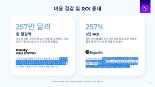 257%
3년 ROI
완전 관리형 클라우드 서비스로 팀의 업무 부담을
줄여 몇 년이 아닌 몇 개월 만에 출시
"Confluent Cloud 덕분에 제한된 리소스로 빠듯한 출시 시한
을 맞출 수 있었습니다. 이벤트 스트리밍을 관리형 서비스로 사
용했기 때문에 클러스터를 유지하기 위해 직원을 채용할 필요
도 없었고, 24시간 안정성에 대한 걱정도 없었습니다."
257만 달러
총 절감액
인프라 비용, 유지관리 요구 사항 및 오버헤드, 다운
타임 위험 감소로 60% 이상 운영 효율화
"저희는 옷을 판매하고 대여하는 일을 하고 있으며, 직접 데이
터 스트리밍 플랫폼을 관리할 생각은 없습니다... 모든 것을 우
리가 직접 관리해야 한다면 시스템을 계속 가동시키기 위해 최
소 10명의 직원을 추가로 고용해야 했을 것입니다."
비용 절감 및 ROI 증대
23
Confluent 사용의 Total Economic Impact • Forrester, 2022년 3월(링크)
 