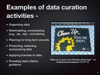 Examples of data curation
activities -
Organizing data
Reformatting, compressing
(e.g., .tar, .zip), normalizing
Planning for long-term security
Protecting, redacting,
anonymizing data
Applying licenses to data
Providing data citation
guidance
14
“Clean up, or you’re out! :Brooklyn Street Sign” - by
emilydickinsonridesabmx CC BY 2.0
 