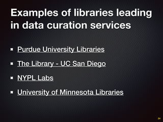 Examples of libraries leading
in data curation services
Purdue University Libraries
The Library - UC San Diego
NYPL Labs
University of Minnesota Libraries
24
 