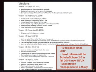 37
!
!
!
- 10 releases since
2012
- Next release will be
ScholarSphere 2.0 in
fall 2014: new UI/UX
- Expectation
management is a thing!
 