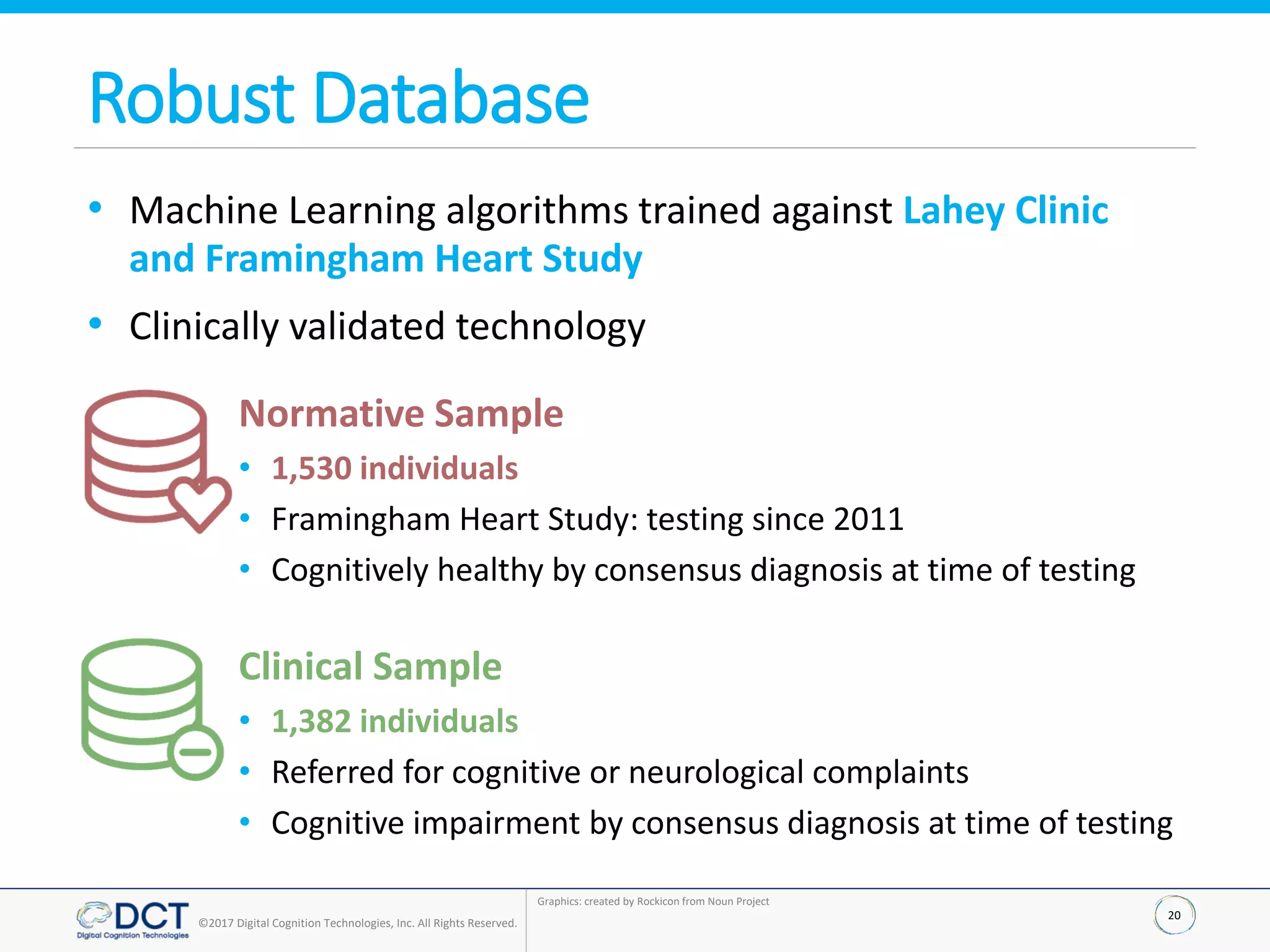 20
©2017 Digital Cognition Technologies, Inc. All Rights Reserved.
Robust Database
• Machine Learning algorithms trained against Lahey Clinic
and Framingham Heart Study
• Clinically validated technology
Graphics: created by Rockicon from Noun Project
Normative Sample
• 1,530 individuals
• Framingham Heart Study: testing since 2011
• Cognitively healthy by consensus diagnosis at time of testing
Clinical Sample
• 1,382 individuals
• Referred for cognitive or neurological complaints
• Cognitive impairment by consensus diagnosis at time of testing
 