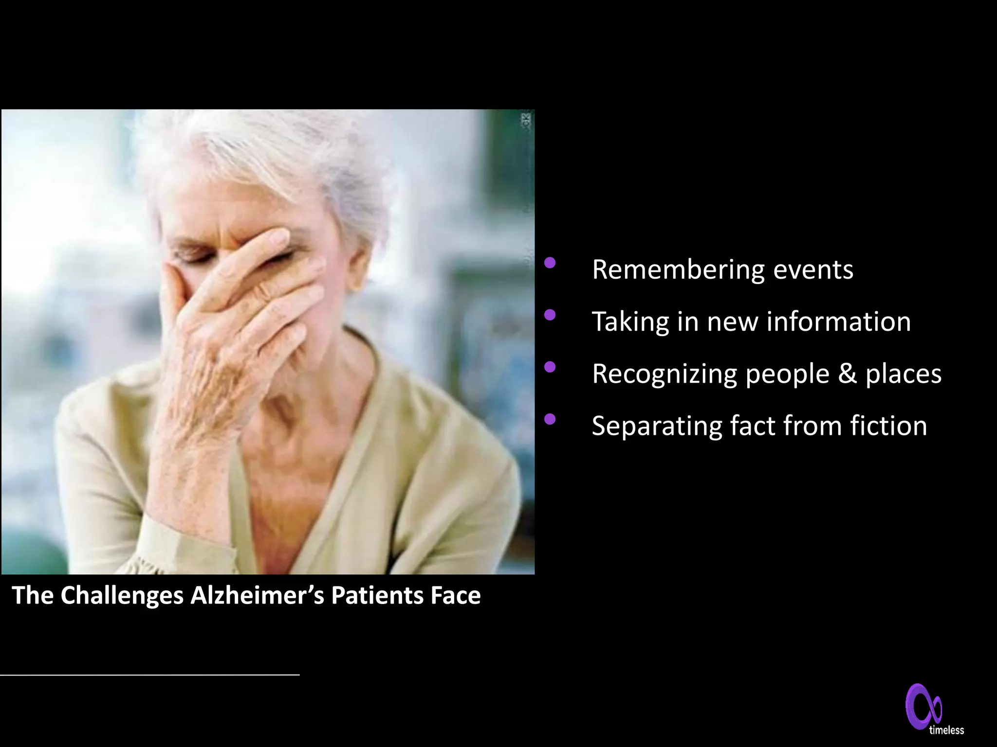 The Challenges Alzheimer’s Patients Face
• Remembering events
• Taking in new information
• Recognizing people & places
• Separating fact from fiction
 