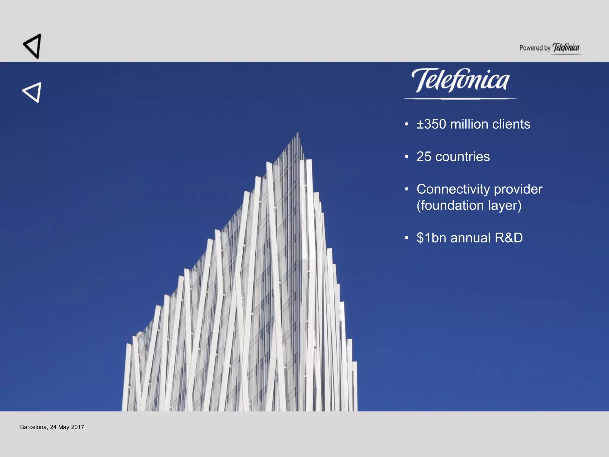 Barcelona, 24 May 2017
• ±350 million clients
• 25 countries
• Connectivity provider
(foundation layer)
• $1bn annual R&D
 