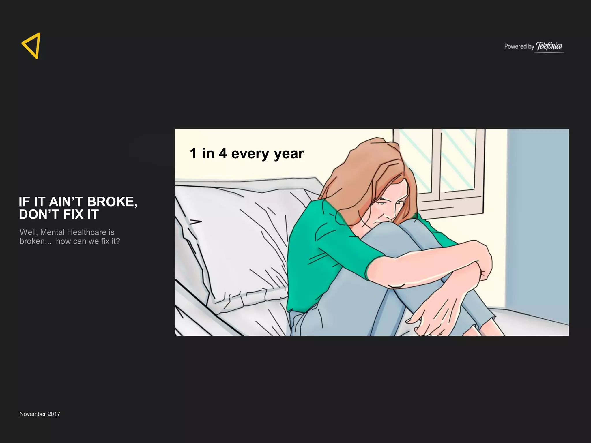 November 2017
IF IT AIN’T BROKE,
DON’T FIX IT
Well, Mental Healthcare is
broken... how can we fix it?
1 in 4 every year
 