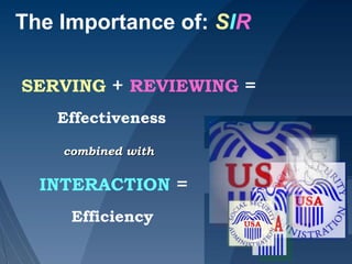 The Importance of: SIR
SERVING ++ REVIEWING ==
Effectiveness
combined withcombined with
INTERACTION ==
Efficiency
 