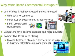 Why Mine Data? Commercial Viewpoint
 Lots of data is being collected and warehoused
 Web data, e-commerce
 Purchases at department/ grocery stores
 Bank/Credit Card
transactions
 Computers have become cheaper and more powerful
 Competitive Pressure is Strong
 Provide better, customized services for an edge (e.g.
in Customer Relationship Management)
 