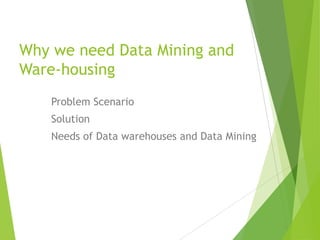 Why we need Data Mining and
Ware-housing
Problem Scenario
Solution
Needs of Data warehouses and Data Mining
 