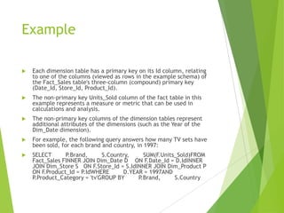 Example
 Each dimension table has a primary key on its Id column, relating
to one of the columns (viewed as rows in the example schema) of
the Fact_Sales table's three-column (compound) primary key
(Date_Id, Store_Id, Product_Id).
 The non-primary key Units_Sold column of the fact table in this
example represents a measure or metric that can be used in
calculations and analysis.
 The non-primary key columns of the dimension tables represent
additional attributes of the dimensions (such as the Year of the
Dim_Date dimension).
 For example, the following query answers how many TV sets have
been sold, for each brand and country, in 1997:
 SELECT P.Brand, S.Country, SUM(F.Units_Sold)FROM
Fact_Sales FINNER JOIN Dim_Date D ON F.Date_Id = D.IdINNER
JOIN Dim_Store S ON F.Store_Id = S.IdINNER JOIN Dim_Product P
ON F.Product_Id = P.IdWHERE D.YEAR = 1997AND
P.Product_Category = 'tv'GROUP BY P.Brand, S.Country
 