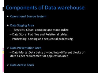 Components of Data warehouse Operational Source System Data Staging Area  --  Services: Clean, combine and standardize -- Data Store: Flat files and Relational tables,  -- Processing: Sorting and sequential processing. Data Presentation Area -- Data Marts :Data being divided into different blocks of  data as per requirement or application area Data Access Tools 