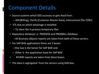 Component Details Source systems which DSS accesses or gets feed from .  -- ADC(Billing), Clarify (Customer Master Data), Interconnect (for CDRs) ETL box on which datastage is installed.  -- To store the in process temporary files.  Repository database i.e  PRODDSS and PRODBILL database  --All Business Objects reports are taken from both of these servers.  For SAP BIW applications there are 2 boxes. -- One box is the Server for SAP BIW and  --  Other is  the application boxe for SAP BIW .  All BIW reports are taken from these boxes. The data is segregated  from the servers using SAN box .  