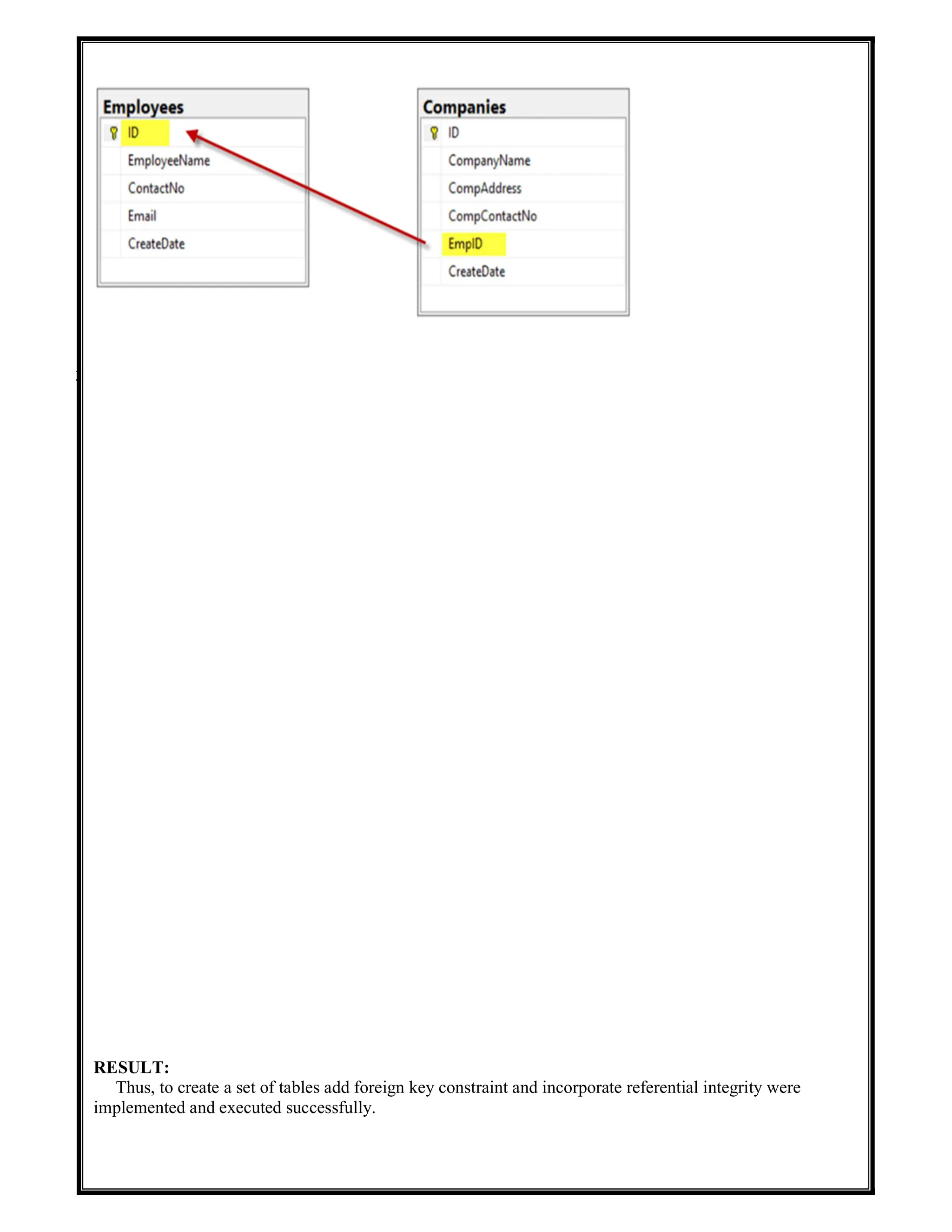 3
RESULT:
Thus, to create a set of tables add foreign key constraint and incorporate referential integrity were
implemented and executed successfully.
 