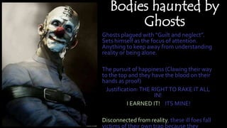 Bodies haunted by
Ghosts
Ghosts plagued with “Guilt and neglect”.
Sets himself as the focus of attention.
Anything to keep...