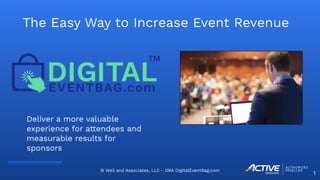 © Weil and Associates, LLC - DBA DigitalEventBag.com
The Easy Way to Increase Event Revenue
Deliver a more valuable
experience for attendees and
measurable results for
sponsors
1
 
