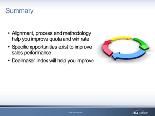 Summary


• Alignment, process and methodology
  help you improve quota and win rate
• Specific opportunities exist to imp...