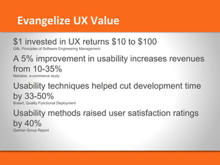 Evangelize UX Value 
$1 invested in UX returns $10 to $100 
Gilb, Principles of Software Engineering Management 
A 5% improvement in usability increases revenues 
from 10-35% 
Netraker, e-commerce study 
Usability techniques helped cut development time 
by 33-50% 
Bosert, Quality Functional Deployment 
Usability methods raised user satisfaction ratings 
by 40% 
Gartner Group Report 
 