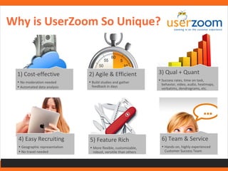 7 
1) Cost-effective 
• No moderation needed 
• Automated data analysis 
2) Agile & Efficient 
• Build studies and gather 
feedback in days 
3) Qual + Quant 
• Success rates, time on task, 
behavior, video, audio, heatmaps, 
verbatims, dendrograms, etc. 
4) Easy Recruiting 
• Geographic representation 
• No travel needed 
5) Feature Rich 
• More flexible, customizable, 
robust, versitile than others 
6) Team & Service 
• Hands-on, highly experienced 
Customer Success Team 
Why is UserZoom So Unique? 
 
