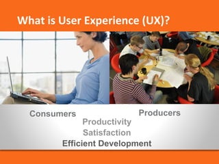 What is User Experience (UX)? 
Consumers Producers 
Productivity 
Satisfaction 
Efficient Development 
 