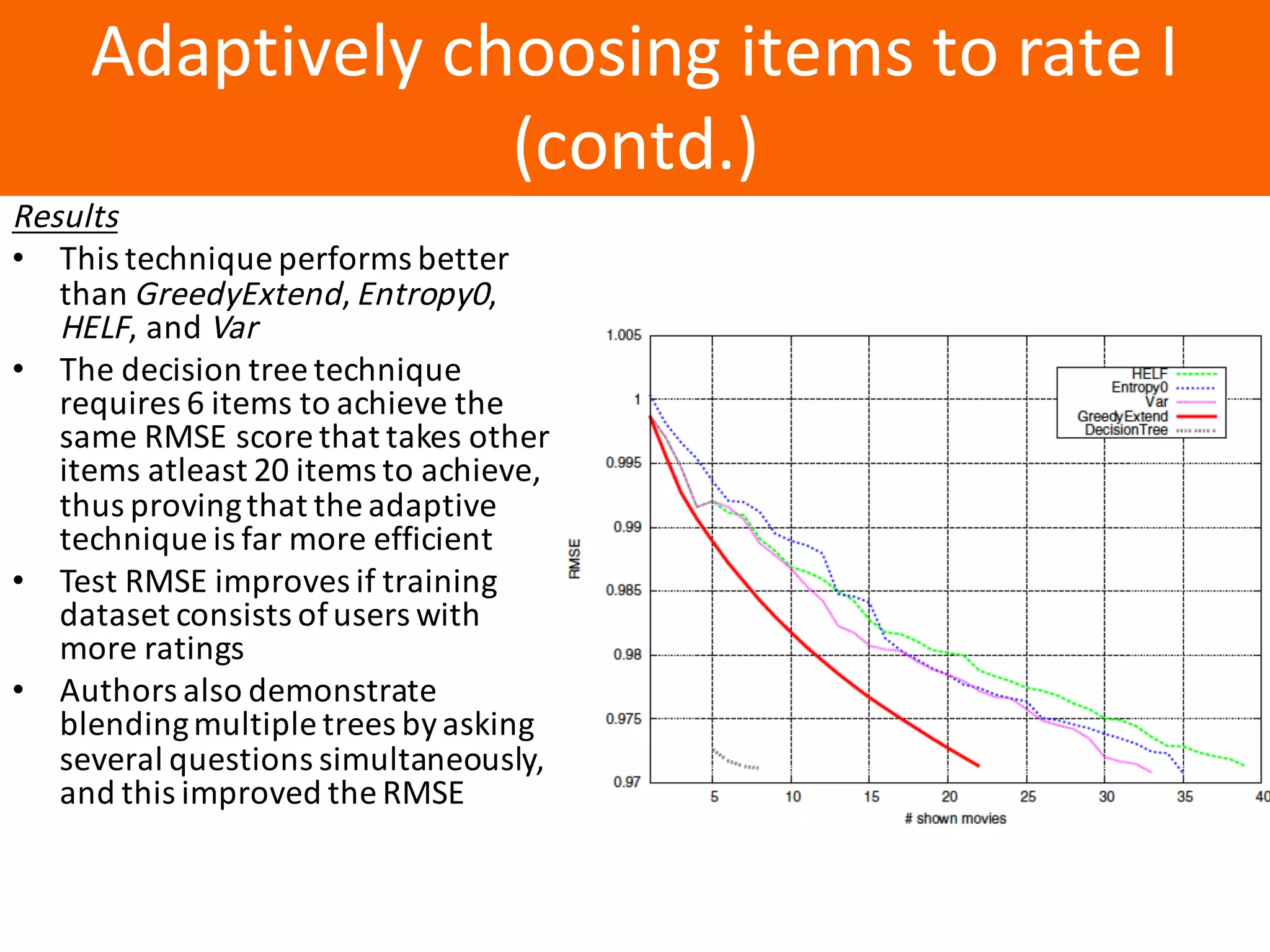 Образец	заголовка
Adaptively	choosing	items	to	rate	I	
(contd.)
Results
• This	technique	performs	better	
than	GreedyExtend,	Entropy0,	
HELF,	and	Var
• The	decision	tree	technique	
requires	6	items	to	achieve	the	
same	RMSE	score	that	takes	other	
items	atleast 20	items	to	achieve,	
thus	proving	that	the	adaptive	
technique	is	far	more	efficient
• Test	RMSE	improves	if	training	
dataset	consists	of	users	with	
more	ratings
• Authors	also	demonstrate	
blending	multiple	trees	by	asking	
several	questions	simultaneously,	
and	this	improved	the	RMSE	
 